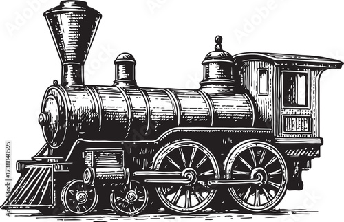 Vintage Black and White Vector Illustration of a Steam Locomotive in Engraved Line Art Style