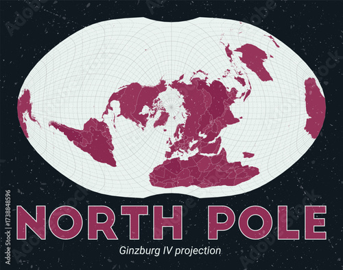 North Pole. World map. Ginzburg IV projection centered to North Pole. Pale Mint Dark Pink palette. Vintage texture. Modern vector illustration.