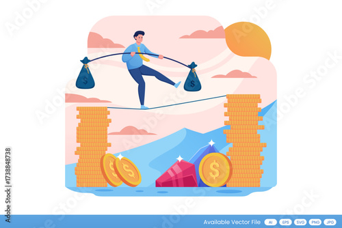 Man on tightrope holding money bag stacks of coins and jewels