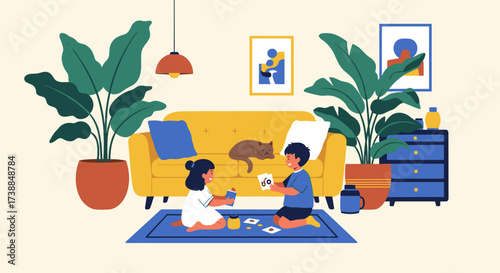 Two young children are playing a card game together on the floor in a cozy living room setting with large potted plants and a yellow sofa.