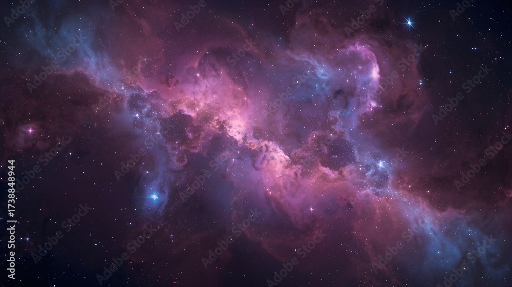 Fototapeta premium Stunning illustration of a colorful galaxy nebula glowing in vibrant hues of purple, blue, pink, and orange with countless stars scattered across deep space.