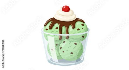 Mint Chocolate Chip Ice Cream Sundae with Chocolate Sauce and Cherry Topping