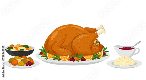 Roasted Turkey with Orange Garnish, Vegetables, and Mashed Potatoes