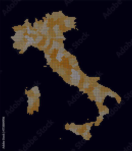 Italy dotted map. Digital style map of the country on dark background. Italy shape with circle dots. Colored dots style. Small size circles. Beautiful vector illustration.