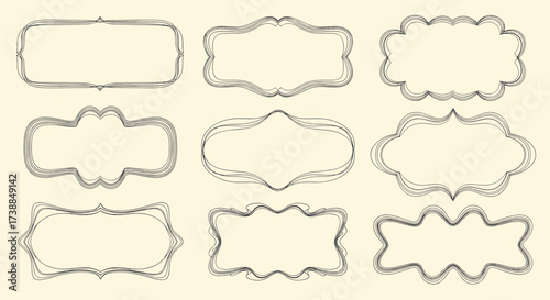 A collection of nine ornamental decorative vintage frames and borders on a textured background.
