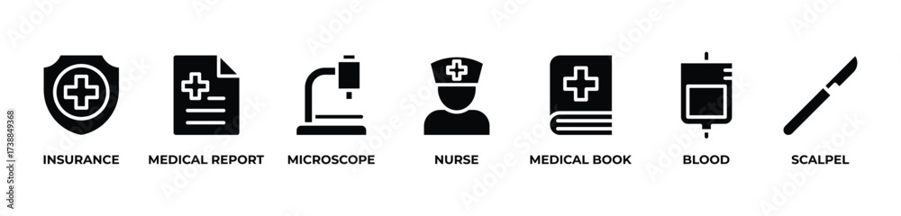 Obraz premium From Insurance to Scalpel Icons set vector illustration with glyph INSURANCE, MEDICAL REPORT, MICROSCOPE, NURSE, MEDICAL BOOK, BLOOD,SCALPEL