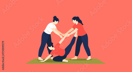 Three people are performing a yoga pose together on a mat
