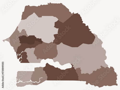 Map of Senegal with regions. Just a simple country border map with region division. Brown color palette. Flat Senegal shape with administrative division. Vector illustration.