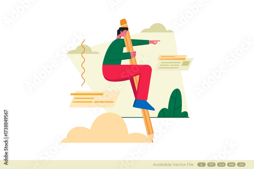 Man riding giant pencil pointing with abstract elements
