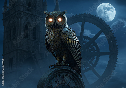 An owl with glowing eyes perches atop a clock tower under a full moon, with gears and a gothic building in the background.