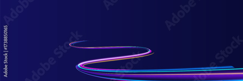 Neon line as speed or arc, turn, twist, bend in light effect. Light arc in neon colors, in the form of a turn and a zigzag. Abstract background in blue