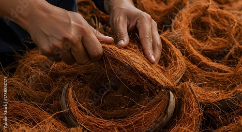 Skilled hands expertly separate strong coir fibers from coconut husks, focusing on texture and extraction of core, valuable essence from raw material