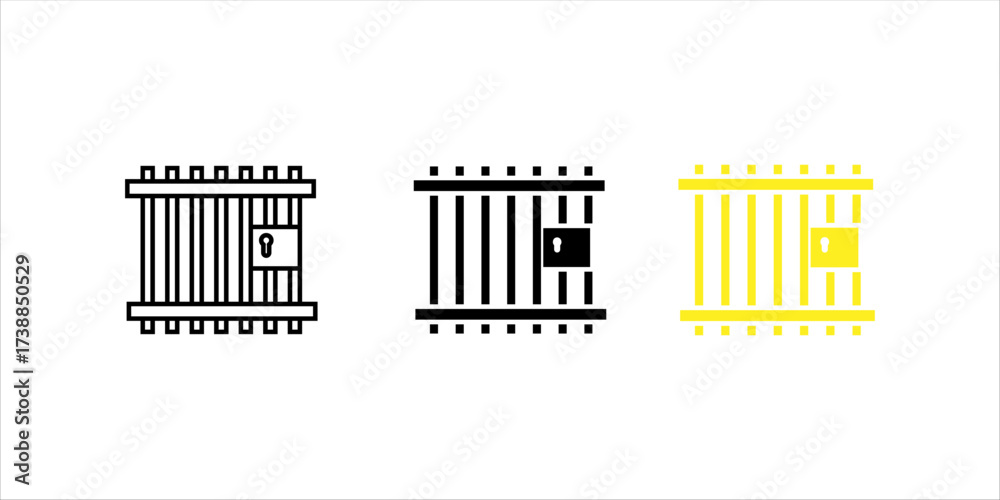Obraz premium Prison or jail silhouette symbol. Metal cage with bars and lock. Crime justice or punishment icon. Vector black shape isolated on white background.