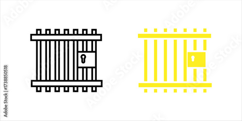  Prison or jail silhouette symbol. Metal cage with bars and lock. Crime justice or punishment icon. Vector black shape isolated on white background.