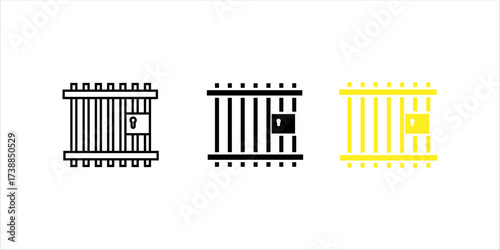  Prison or jail silhouette symbol. Metal cage with bars and lock. Crime justice or punishment icon. Vector black shape isolated on white background.