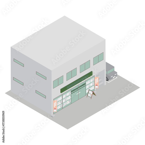 アイソメトリックで描いた街中にありそうなシンプルな不動産屋の建物のイラスト素材