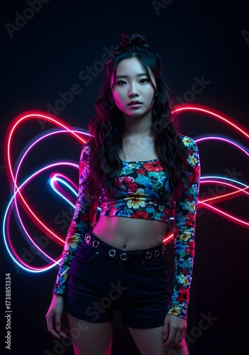 Stylish Asian Woman with Neon Lights Portrait