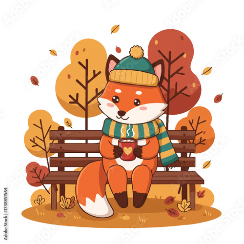 A charming cute fox wearing a striped scarf and cozy winter hat sits on a bench in an autumn setting, sipping warm cocoa in a vibrant flat 2D vector illustration.