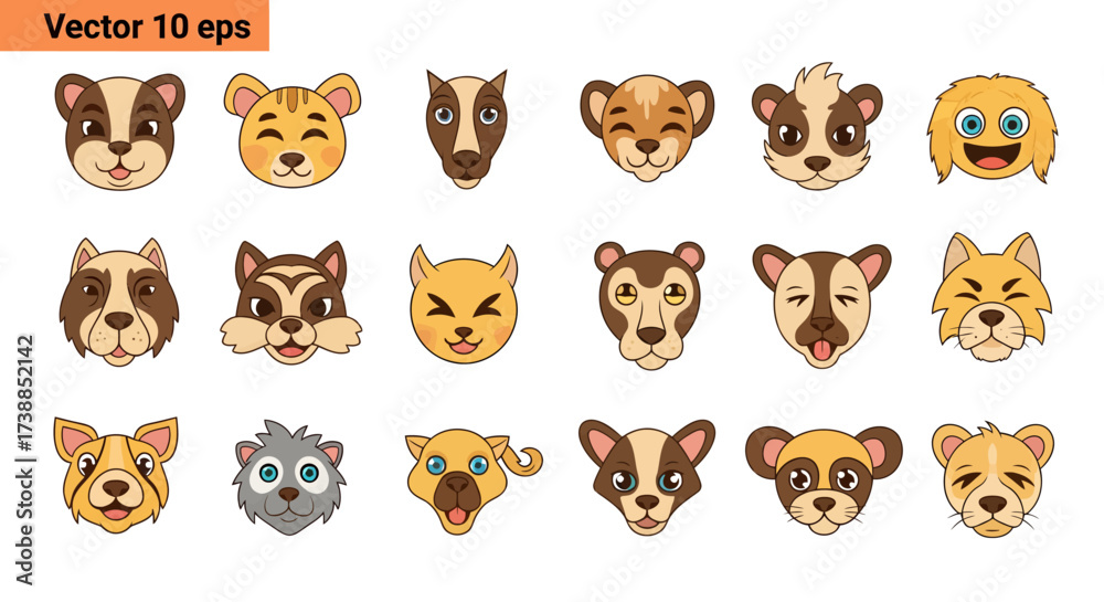 Obraz premium Collection of Adorable Animal Faces Cartoon Vector Illustrations.