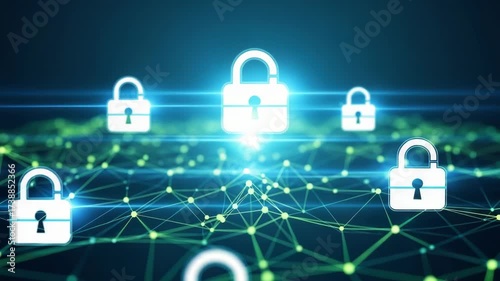 Multiple white padlock icons float above dark blue digital landscape featuring an intricate network of glowing green lines and nodes with bright central blue light