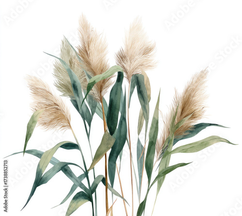 
Watercolor clipart of reeds, with muted beige and green tones on a white background