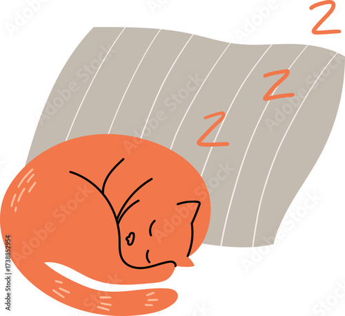 Orange cat sleeping curled up on a striped blanket