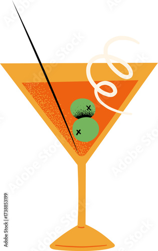 Martini glass with orange liquid olives and a garnish