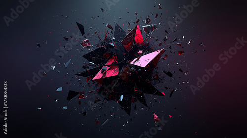 A shattered red and black geometric crystal exploding on a dark background.
