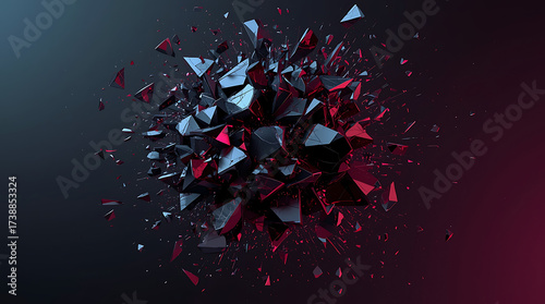 A shattered red and black geometric crystal exploding on a dark background.
