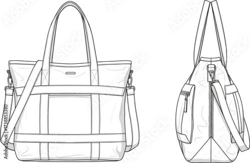 Cad drawing flat vector illustration, tote bag design, handbag sketch, crossbody strap outline, sewing pattern template, fashion accessory, product illustration, minimalist line art