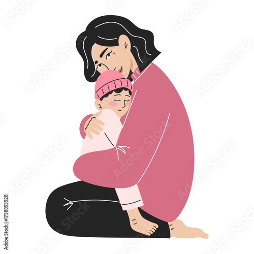 Mother embracing sleeping baby in pink outfit