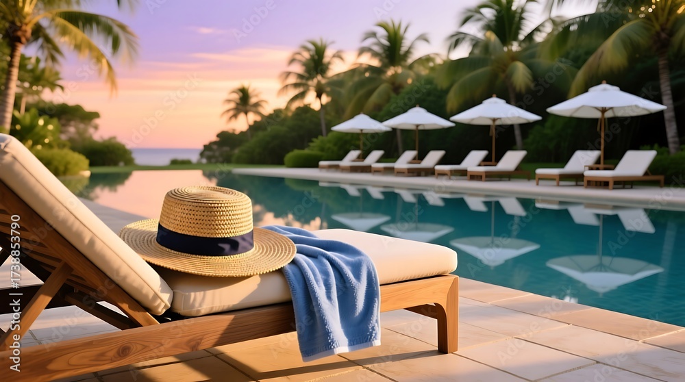 Obraz premium Serene Tropical Poolside View with Lounge Chair and Stunning Sunset