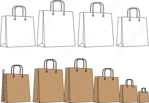White outline and brown paper shopping bags with handles, retail packaging mockup, eco friendly kraft bag design, cad drawing flat vector illustration