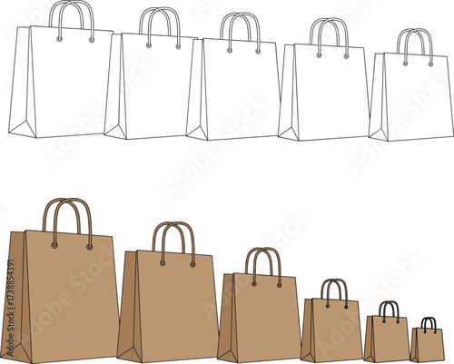 White and brown paper shopping bags with handles, retail packaging design, eco friendly kraft bag collection, mockup template, cad drawing flat vector illustration
