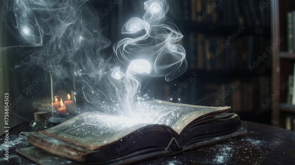 Ancient spellbook with glowing pages releasing magical white smoke in ...