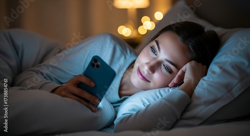 Young woman relaxing comfortably in bed at night, illuminated by the gentle glow of her smartphone screen, connecting with digital content and embracing a moment of personal unwinding before sleep