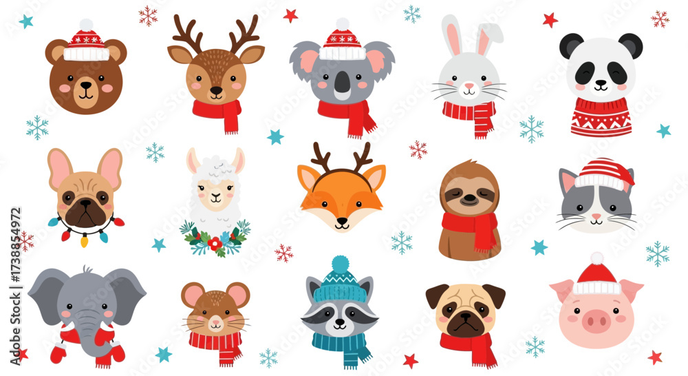 Obraz premium A festive collection of cute cartoon animal faces wearing winter hats and scarves, surrounded by snowflakes.