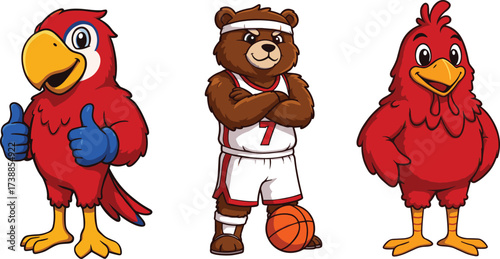 Cute cartoon mascots, red parrot, funny bear basketball player, red chicken mascot, sports illustration, team characters, animal vector design