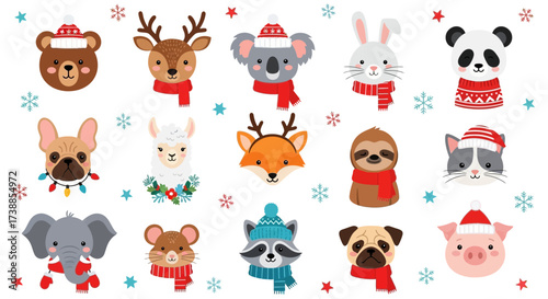 A festive collection of cute cartoon animal faces wearing winter hats and scarves, surrounded by snowflakes.
