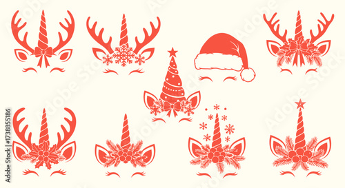 Graphic illustration of unicorn faces with Christmas elements like antlers, snowflakes, Santa hat, and Christmas tree, all in a red color against a cream background.