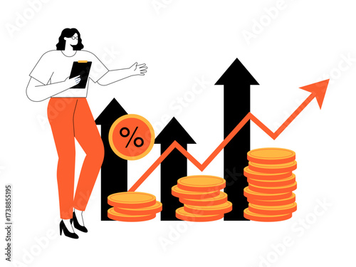 Businesswoman standing up while presenting about an office's growing income. Businesswoman illustration. Flat vector illustration.
