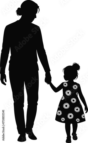 Father and daughter silhouette walking together, family bonding vector, parenthood love, child safety concept, black isolated people illustration, parenting moment