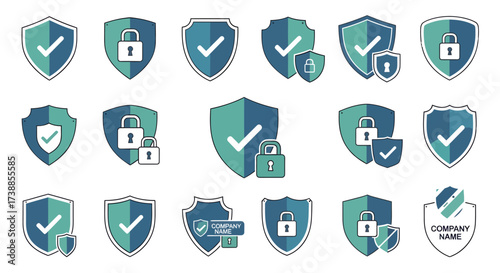 Collection of Security Shield Icons with Checkmarks and Padlocks.