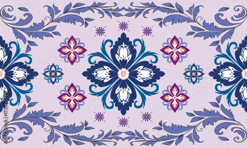 Ornamental floral seamless pattern in blue, purple, and white with vintage style, ideal for fabric, wallpaper, home decor, crafts, rug and artistic textile design with elegant decorative motifs.