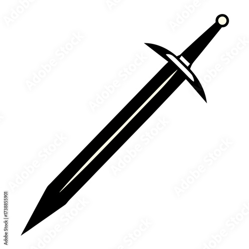 Illustration of a black sword with a white outline on a white background at a slight angle