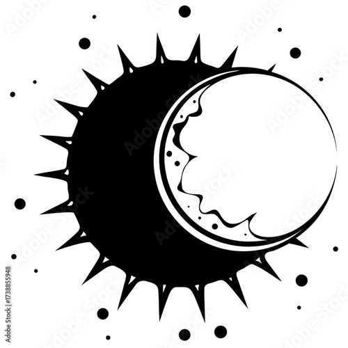 Stylized black and white graphic of a sun and moon eclipse with scattered dots around it design
