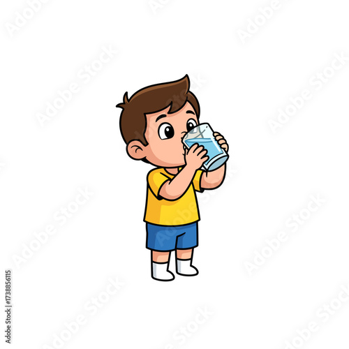 Whimsical illustration of a happy young boy delighting in a refreshing glass of pure water, promoting essential daily hydration and healthy lifestyle habits for children with a cheerful demeanor.