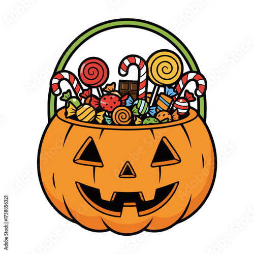 Delightful Halloween jack-o'-lantern bucket filled with a colorful assortment of sweet treats and candies, symbolizing the joyful spirit of autumn celebrations and trick-or-treating fun.