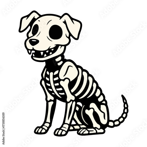 Whimsical cartoon dog skeleton illustration in black and white, perfect for Halloween, spooky pet themes, or festive graphic designs.