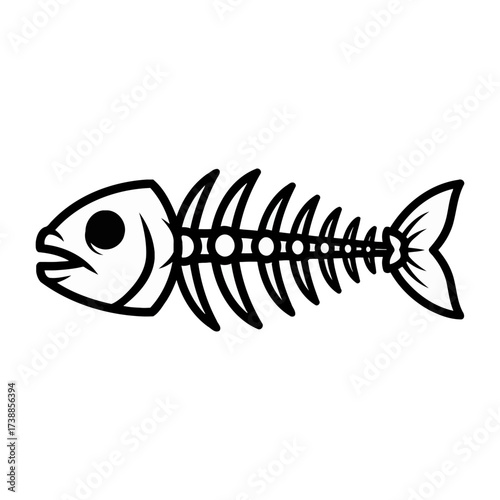 Monochromatic graphic illustration of a fish skeleton, a simple yet powerful design symbolizing marine biology, the cycle of life, or a clean icon for aquatic themes and science.